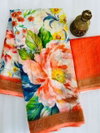 MG 379 Gold Jari Border With Weaving Linen Printed Sarees Wholesale Online